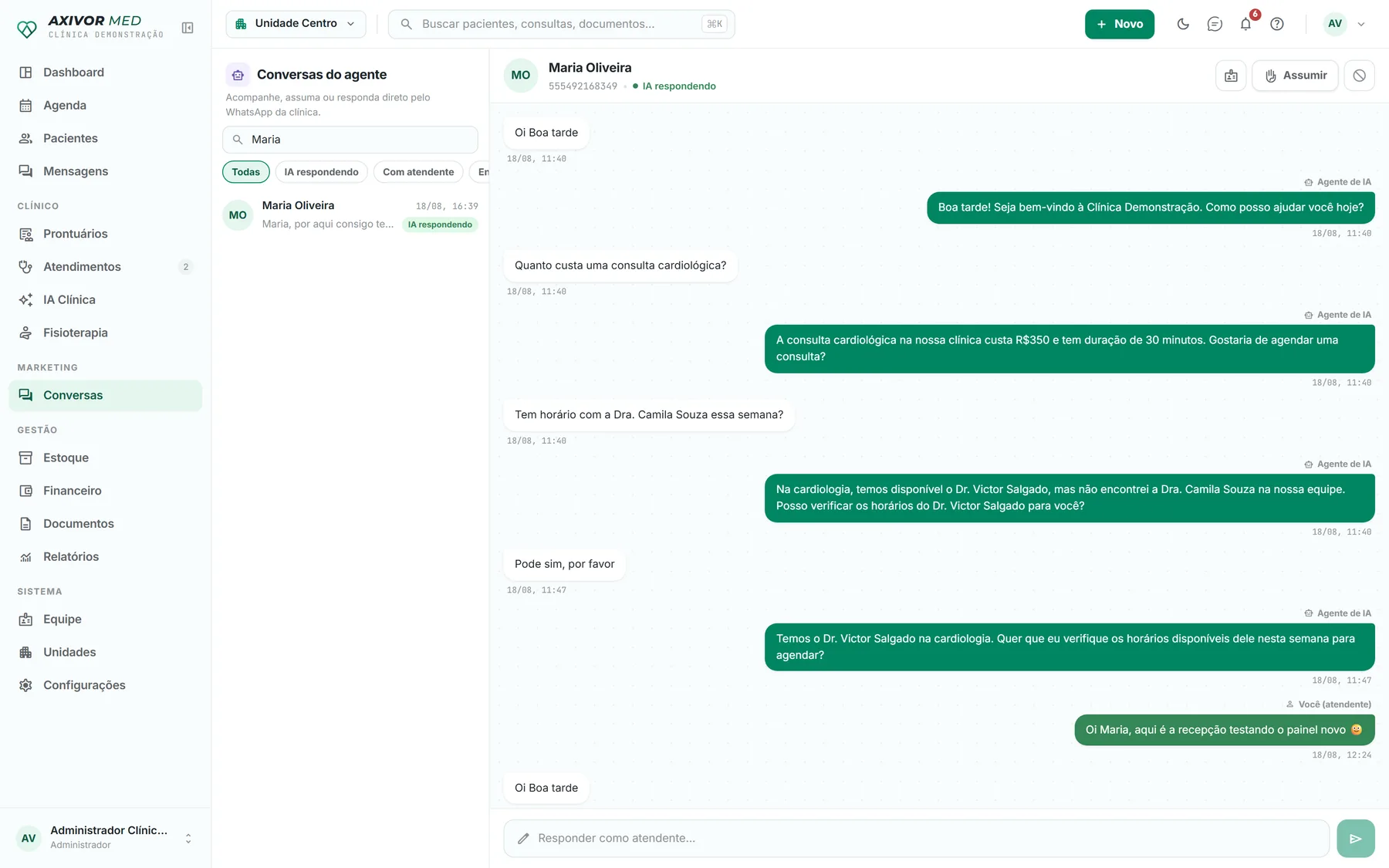 Painel de conversas do agente de IA no Axivor Med, com opção de assumir a conversa