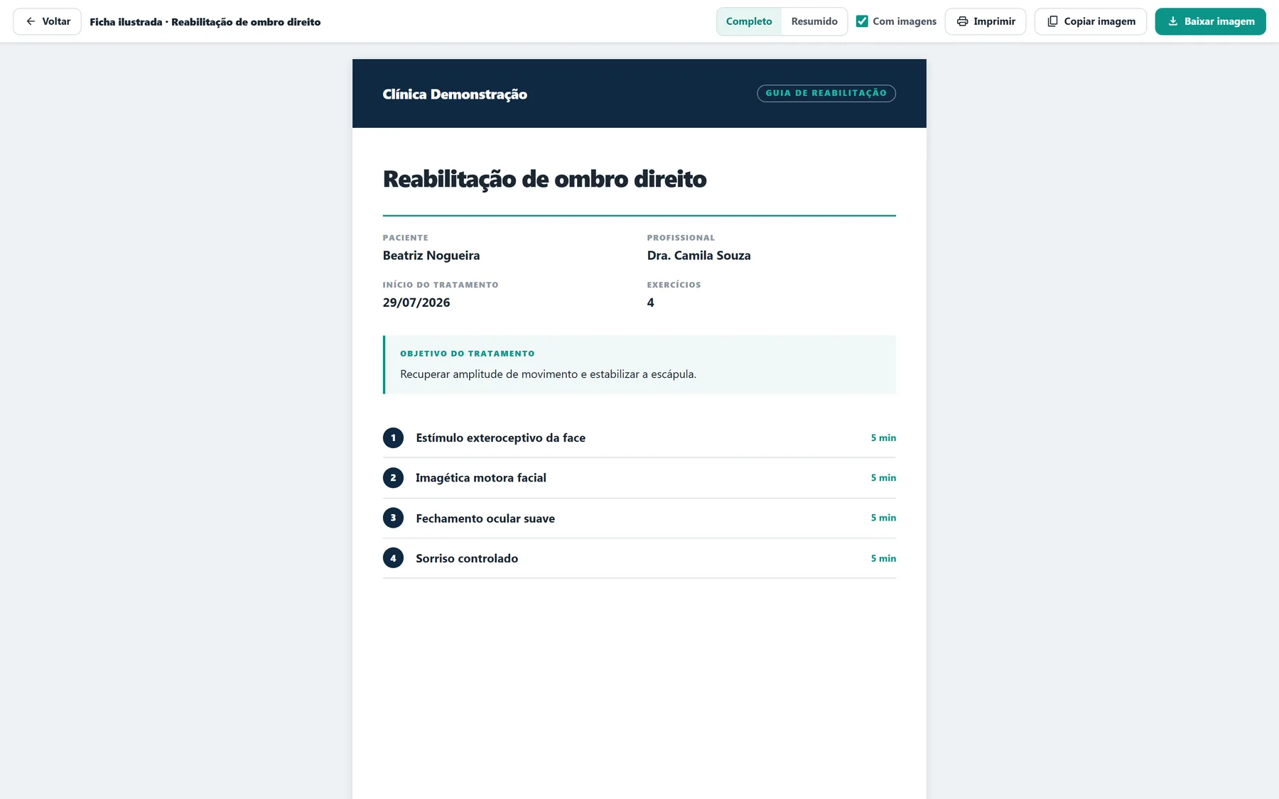 Ficha ilustrada de tratamento de fisioterapia do Axivor Med