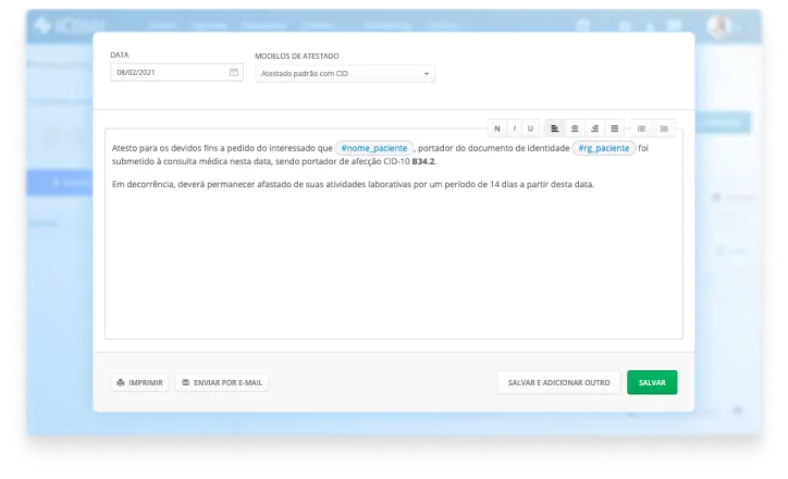 Tela de Prontuário Eletrônico no Axivor Med